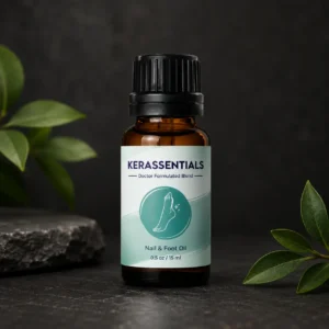 Kerassentials nail and foot oil bottle with botanical leaves on a dark background for natural nail care support